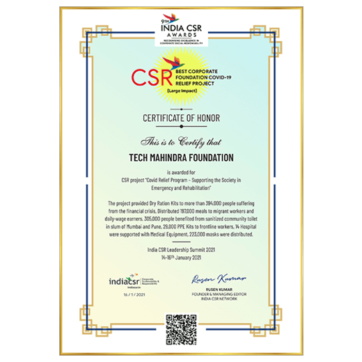 India CSR Awards 2021 for Best Corporate Foundation COVID-19 Relief Project (Large Impact) Category