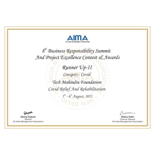 AIMA 8th Business Responsibility Summit & Project Excellence Contest & Awards 2021 (2nd Runner Up) for our COVID Relief & Rehabilitation Program